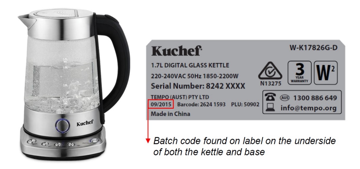 产品召回信息：澳洲ALDI召回一款热水壶Kuchef Digital Glass Kettle